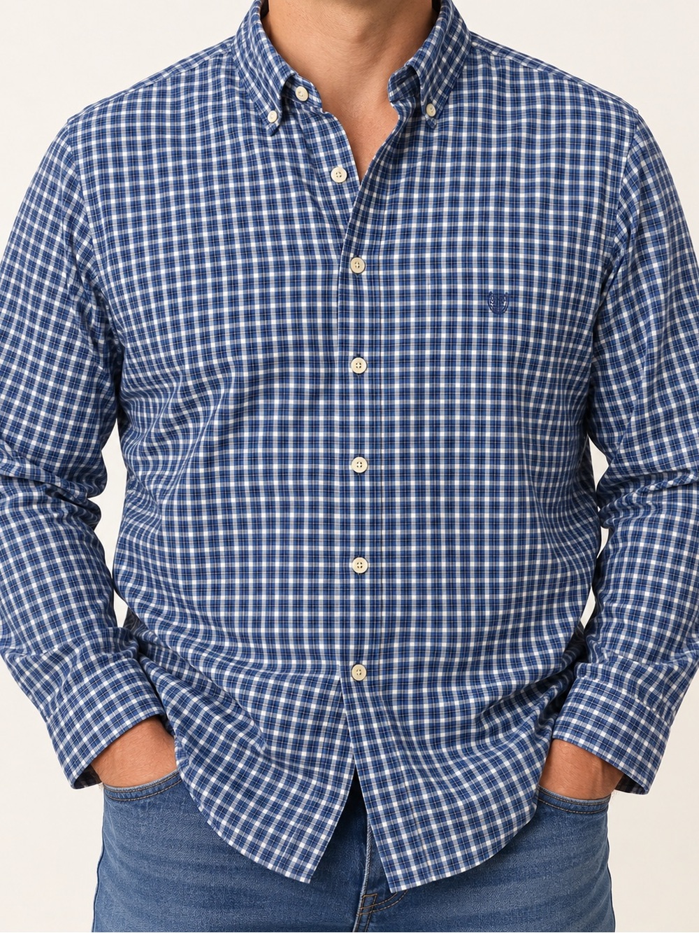 Chaps Men’s Navy and White Plaid Button-Down Long  Sleeve Shirt XL